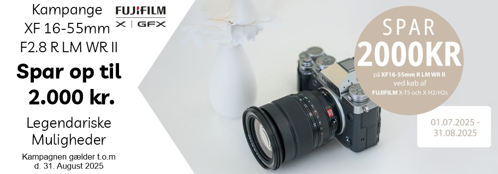 Kampagne XF 16-55mm F2.8 R LM WR II Spar op til 2.000 kr. Perfekt match uanset din stil. Kampagnen gælder t.o.m. 30.04.25. Spar 1.500 kr på XF27mm R WR ved samtidig køb af, X-t5, X-t50, X-S20, X-M5.